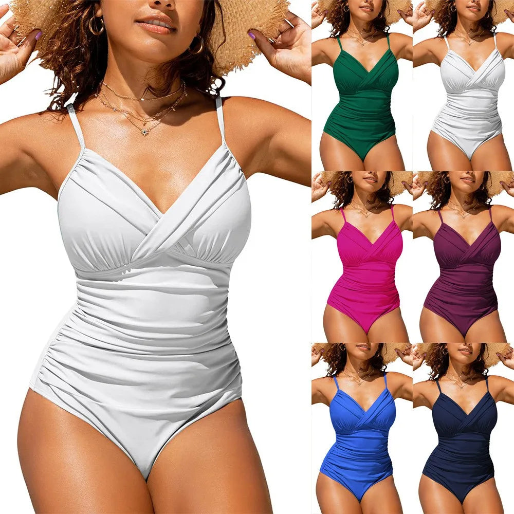 Woman Bikini Tankini Swimsuit Solid V Neck Bathing Suit Ruched Waist Emerald Green Swimsuit Cross Back Tummy Control Swimwear