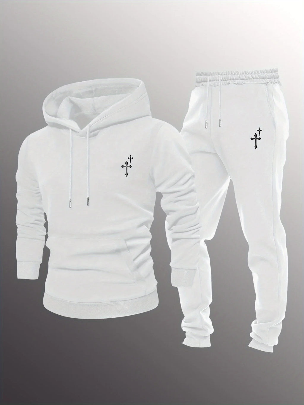 Men 2Pcs Small Cross Embroidery Hoodie Sweatpants Set Polyester Loose Autumn Daily Street Casual Tracksuit For Men