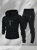 Men 2Pcs Faith Cross Graphic Hoodie Sweatpants Set Polyester Loose Autumn Street Casual Sport Tracksuit Male