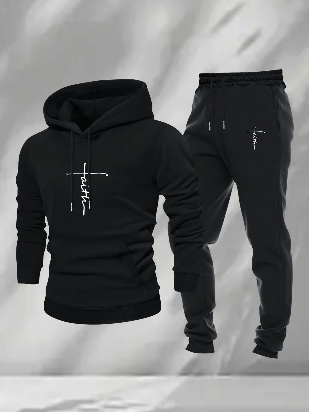 Men 2Pcs Faith Cross Graphic Hoodie Sweatpants Set Polyester Loose Autumn Street Casual Sport Tracksuit Male