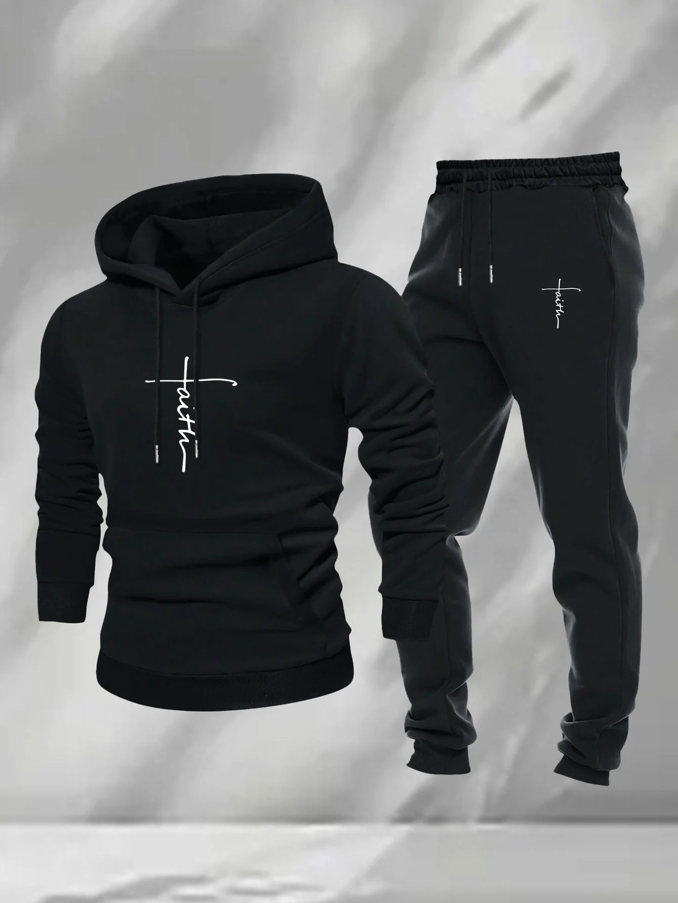 Men 2Pcs Faith Cross Graphic Hoodie Sweatpants Set Polyester Loose Autumn Street Casual Sport Tracksuit Male