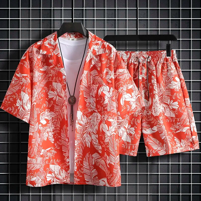 Men Hawaiian Print 2 Piece Set Short Sleeve Shirt And Shorts Beach Summer Outfit