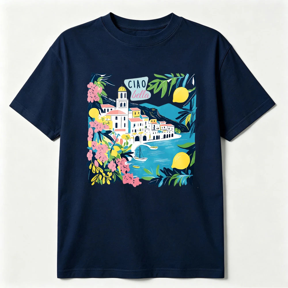 Italian Floral Mediterranean T-Shirt Ciao Bella Amalfi Coast Summer Tee Lemon Village Sailboat Positano Limoncello Travel Gift