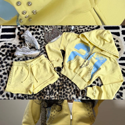 2 Pcs Hoodie Co-ords Yellow Mellow Athletic Set Rivet 21 Print Graphic Sweatsets Y2K Retro Hoodie Summer Shorts Women Sport Sets