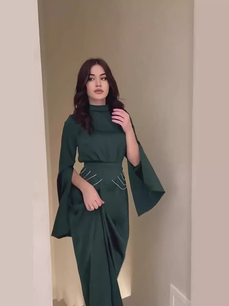 Long-Sleeve Half-High Collar Waist-Cinching Dress