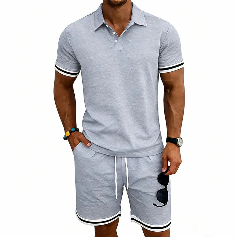 European and American men's summer casual trend thin breathable polo lapel short-sleeved POLO shorts set