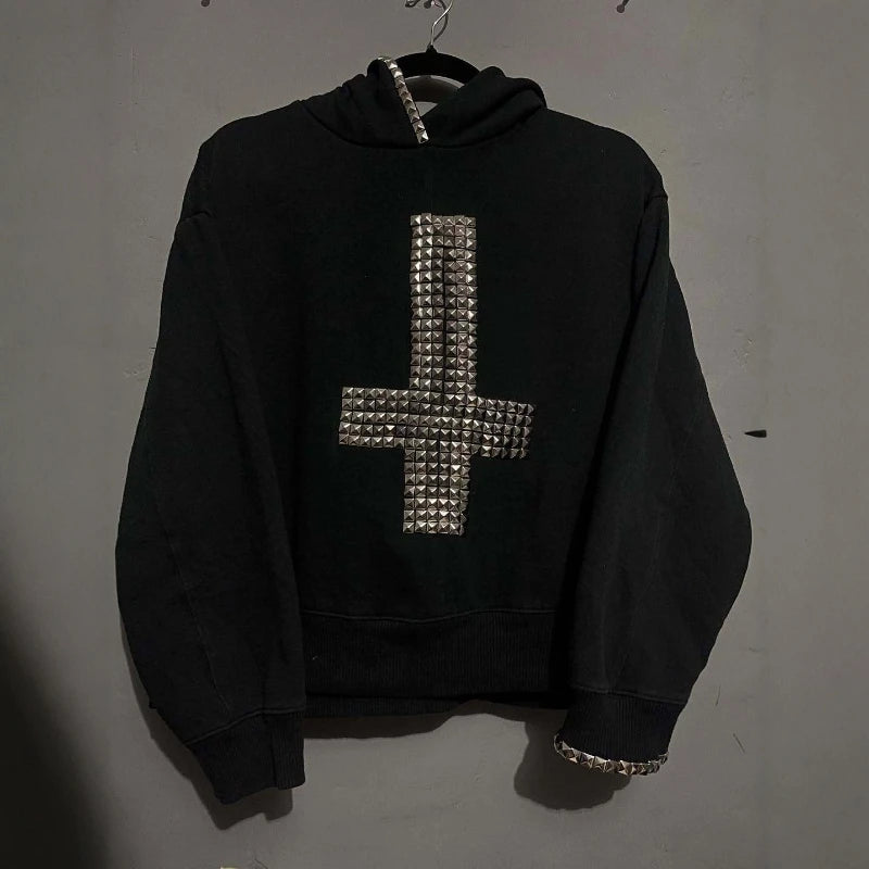 Unisex autumn/winter hoodie with loose and casual style, cross metal rivet design, cardigan sweatshirt, punk rock, hip-hop, and