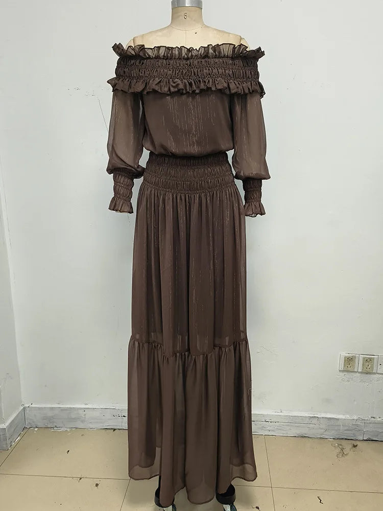 2026 Women's Summer Off-Shoulder Ruffles Brown Maxi Long Dress Elegant Evening Club Party Gown