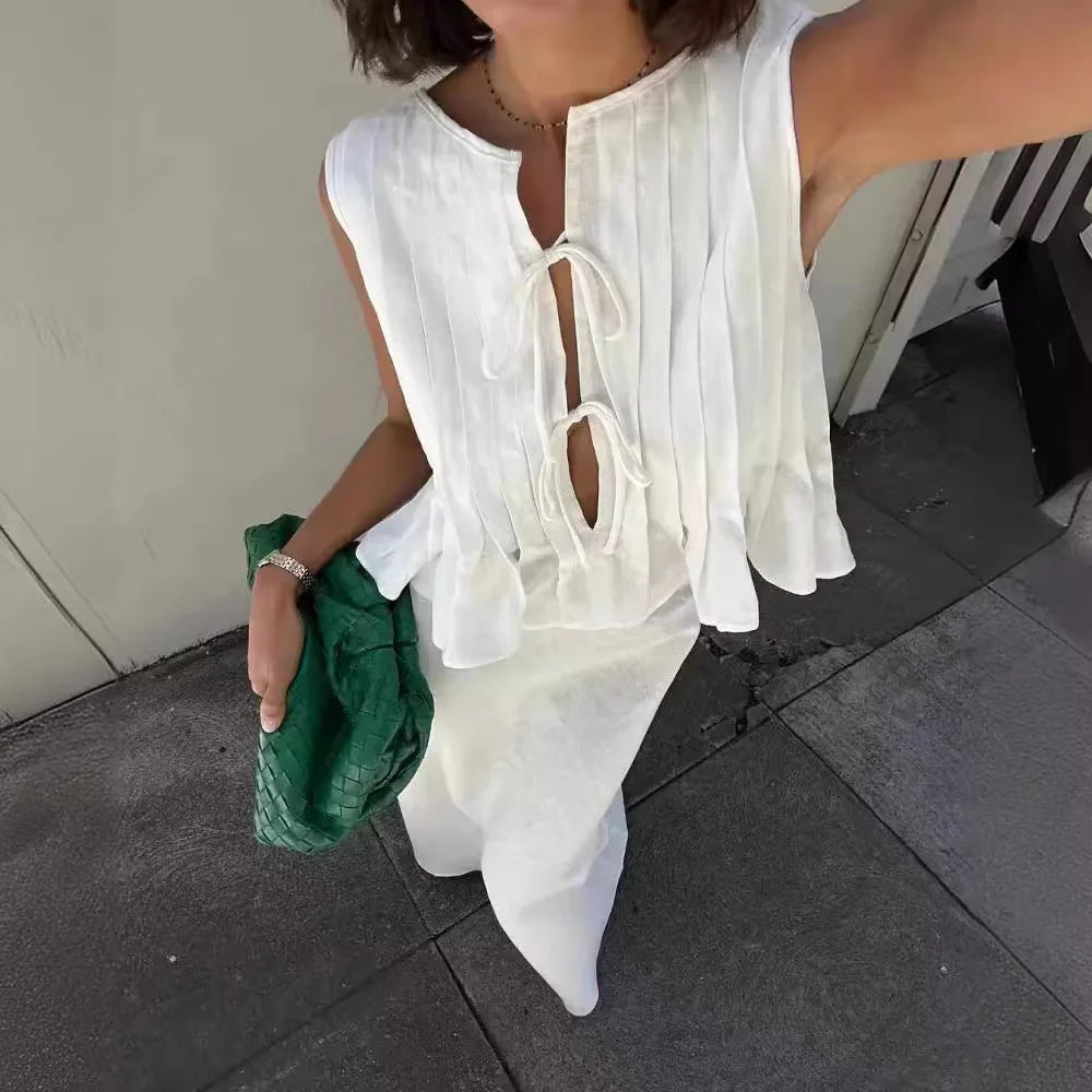 Women's Bow Lace up Hollow out Slim Pleated Blouses Svele T-shirts Three-acetate Fiber 100% Autumn Fashion Ladies' Tops