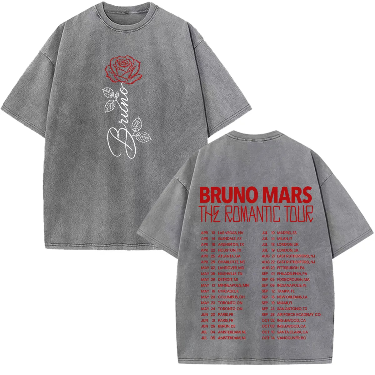Bruno Mars The Romantic Tour 2026 Print Vintage Washed T-shirt Man Woman Fashion T-shirts Cotton Loose Casual Oversized T-shirts