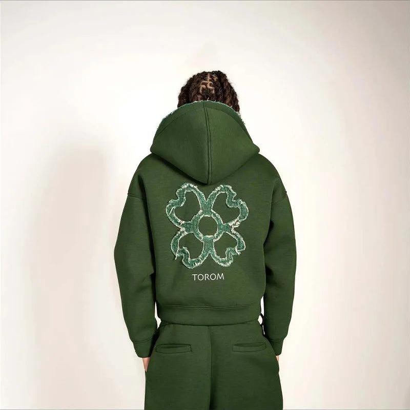 Spring Autumn Oversized 4 Leaf Clover Applique Zip Up Hoodie Tracksuit Set Men Y2K Streetwear Fleece Sweatpants 2 Piece Outfits