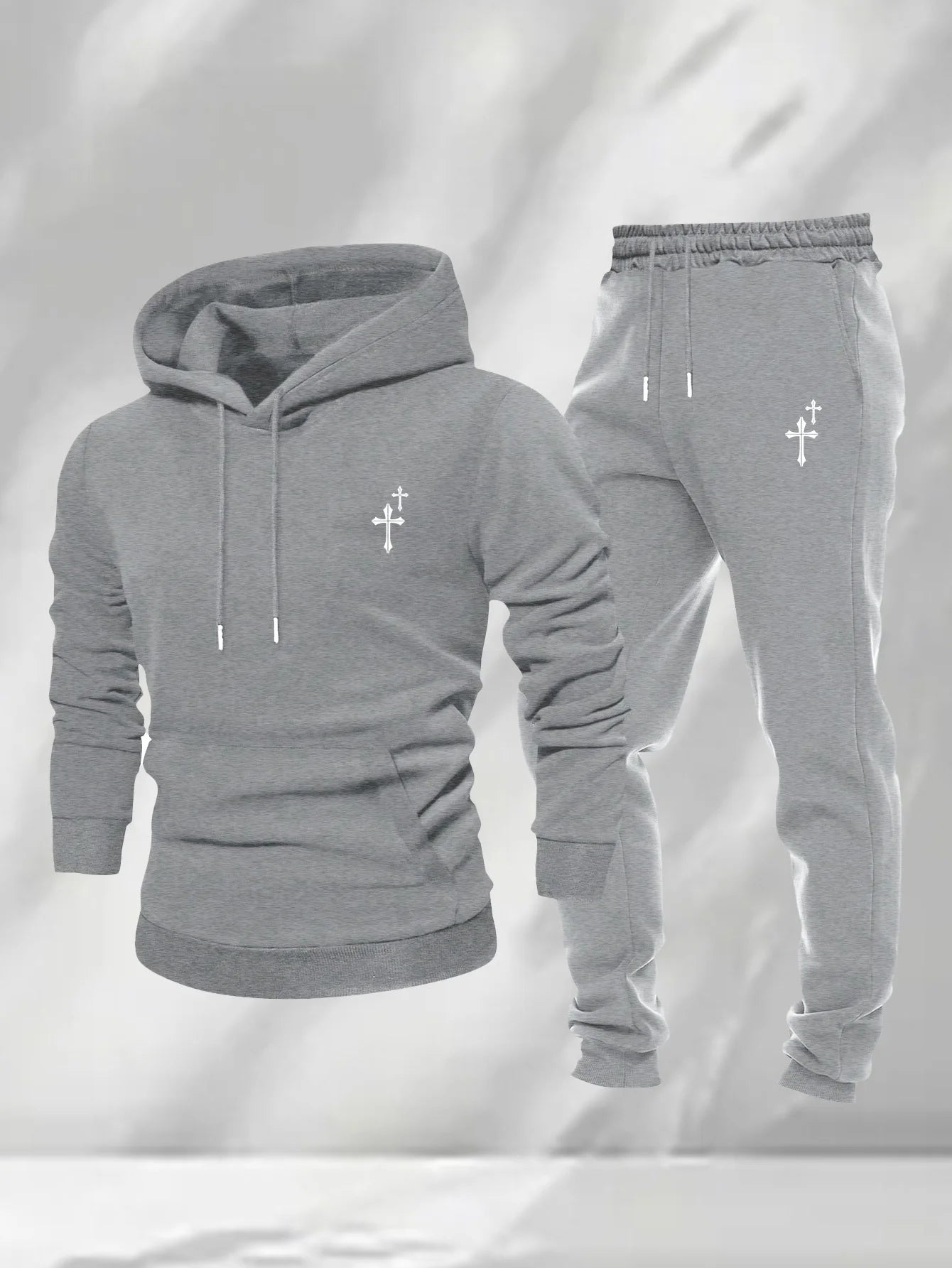 Men 2Pcs Small Cross Embroidery Hoodie Sweatpants Set Polyester Loose Autumn Daily Street Casual Tracksuit For Men