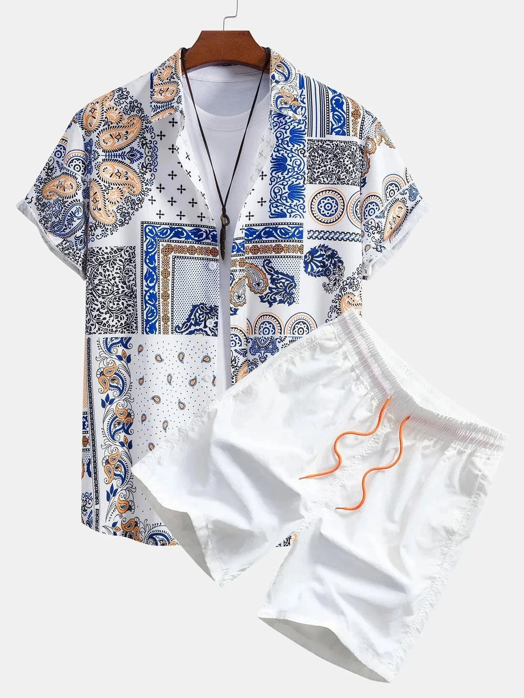 2024 Men Sets Print Patchwork Lapel Short Sleeve Casual Shirt Beach Shorts Summer Streetwear Vacation Hawaiian Suits Men S-5XL