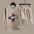 Retro 50 Years Mustang Car Man Tracksuit 2Piece Sets New Waffle Crewneck Tshirt & Shorts Sportwear Suit Mens Tees Short Pants