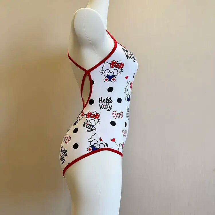 Anime Cute Kawaii Sanrio Hello Kitty One Piece Racing Swimsuit Backless Sports Training Swimwear Double Layer No Water Retention
