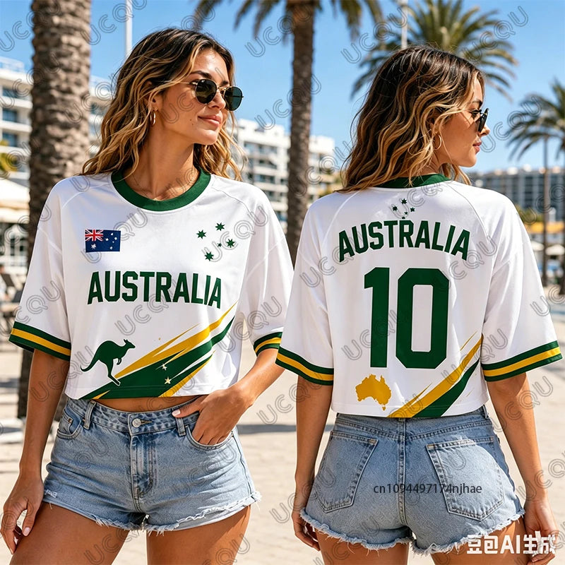 Summer New Australia Print T-Shirt For Women Short Sleeve O-neck Sexy Crop Top Streetwear Football Jersey Y2k Tees Casual Tops