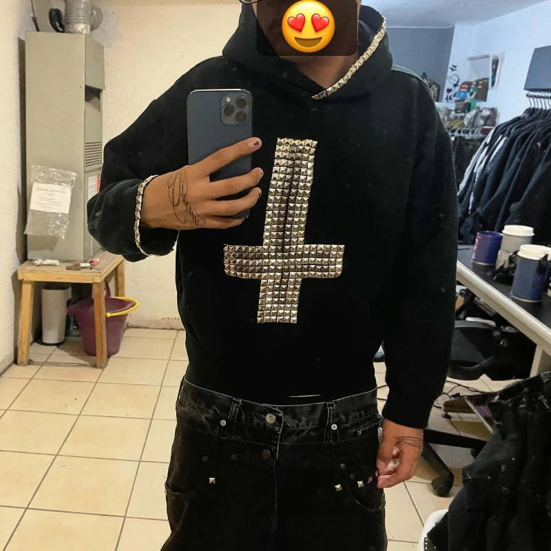 Unisex autumn/winter hoodie with loose and casual style, cross metal rivet design, cardigan sweatshirt, punk rock, hip-hop, and