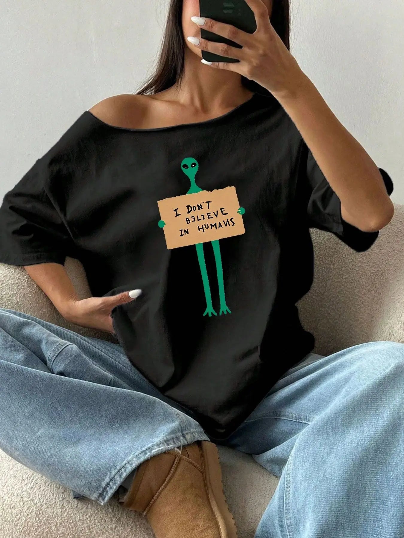 Plus Size 100% Cotton Shoulder Loose Print T-Shirt Oversized Y2K Style Graphic Tees Women Tops Summer Off The Shoulder Top