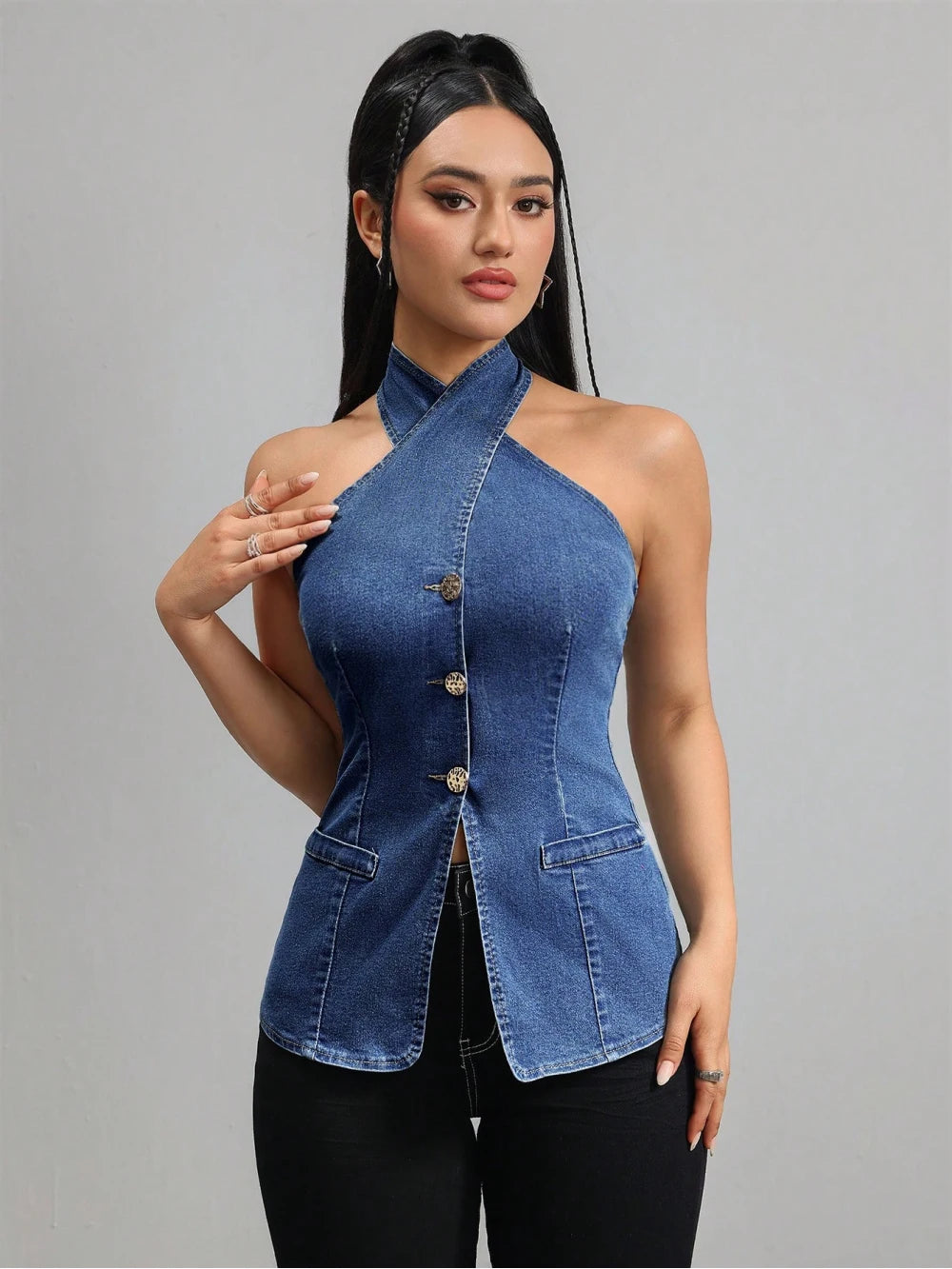 2026 new neck hanging sleeveless denim top sexy cross breasted slim fit vest Y2K spicy girl style street fashion personality ins