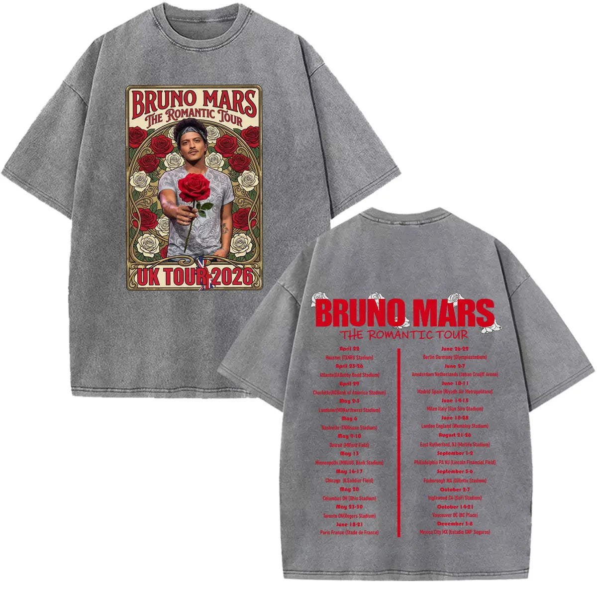 Bruno Mars The Romantic Tour 2026 Print Vintage Washed T-shirt Man Woman Fashion T-shirts Cotton Loose Casual Oversized T-shirts