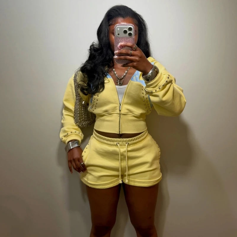 2 Pcs Hoodie Co-ords Yellow Mellow Athletic Set Rivet 21 Print Graphic Sweatsets Y2K Retro Hoodie Summer Shorts Women Sport Sets