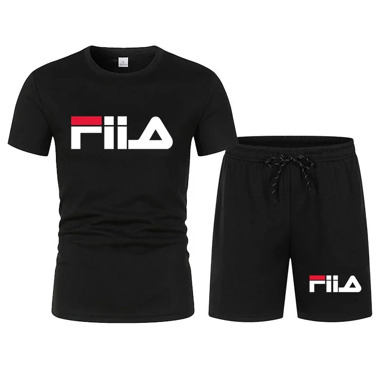 2026 New Fashion FILA Inspired Set Men Women Unisex Short Sleeve T-Shirt & Shorts 2 Piece Outfit Streetwear - Desert aura