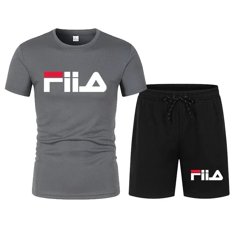 2026 New Fashion FILA Inspired Set Men Women Unisex Short Sleeve T-Shirt & Shorts 2 Piece Outfit Streetwear - Desert aura