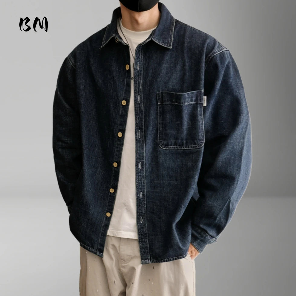 Mens Japanese Vintage High Quality Denim Shirt Heavyweight Washed Blue Oversized Casual Long Sleeve Workwear Streetwear Trendy