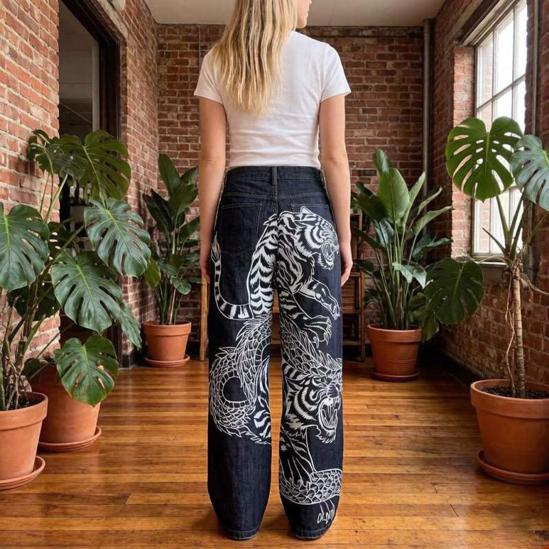Y2K Dragon & Tiger Print Distressed Denim Pants