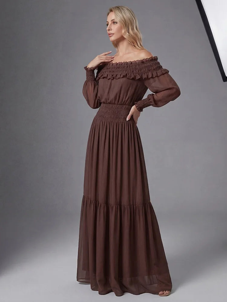 2026 Women's Summer Off-Shoulder Ruffles Brown Maxi Long Dress Elegant Evening Club Party Gown