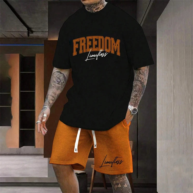 Men's Outdoor Letter Print Shorts Set Two-Piece Streetwear Two-Piece Athletic Wear Crew Neck T-Shirt Fashion Men's Apparel