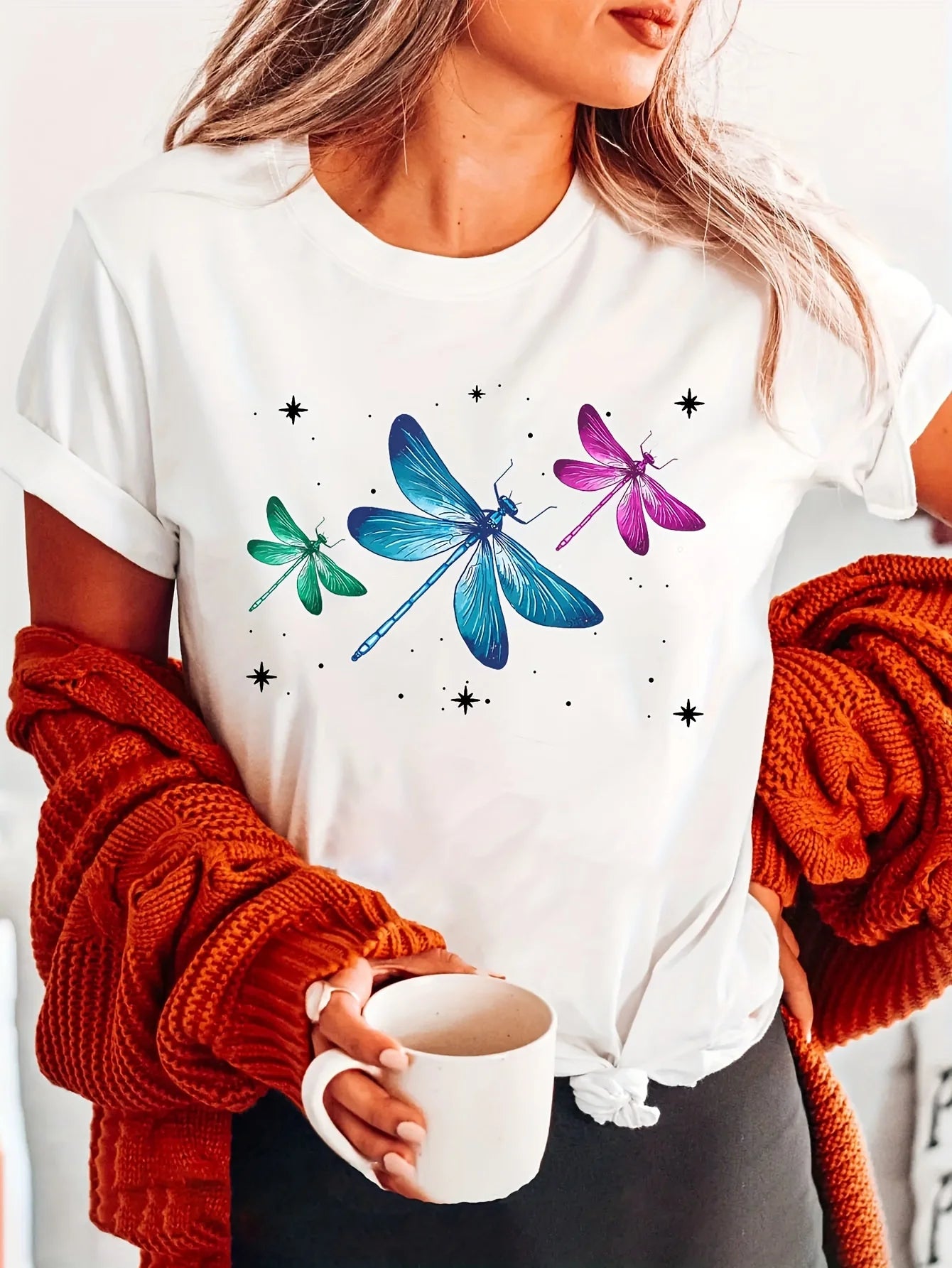 Dragonfly Animal Fashion Print Women T-Shirt Short Sleeve Crew Neck Casual Top for Summer Spring Women's Apparel Casual Clothing