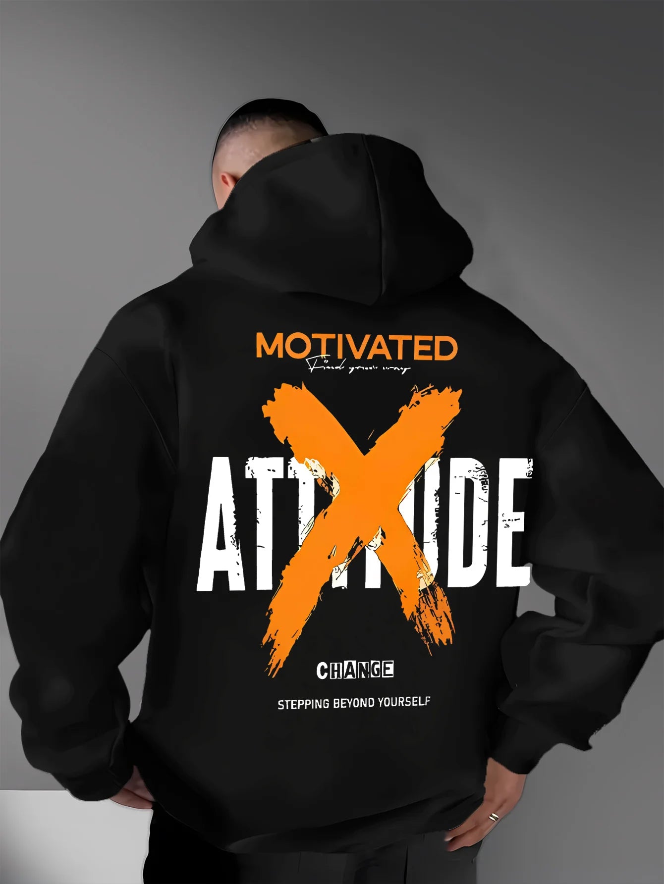 Motivated Attitude Hoodie Men ,oversized, X Letter Hip Hop Style Casual Sweatshirt, Back  Printed Patterns, Men Hoodies