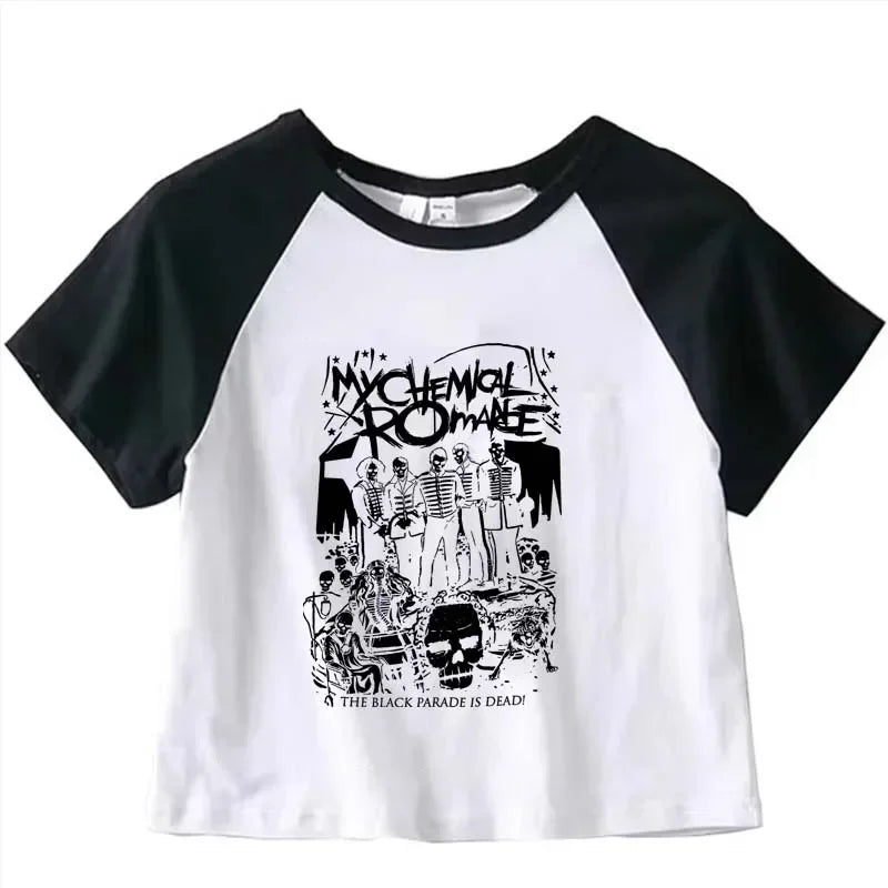 My Chemical Romance Graphic Crop Top Girl Cyber Y2k Kawai Fashion Harajuku Crop Top Summer Sport T Shirt Jogging Short Sleeves