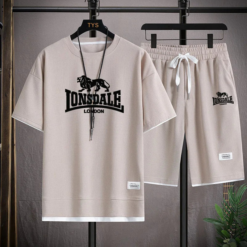 Men's summer new casual short-sleeved T-shirt set, fashionable outdoor men's round-neck pullover + sports shorts 2-piece set