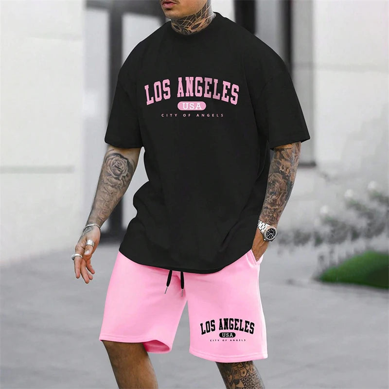 Men's Outdoor Letter Print Shorts Set Two-Piece Streetwear Two-Piece Athletic Wear Crew Neck T-Shirt Fashion Men's Apparel