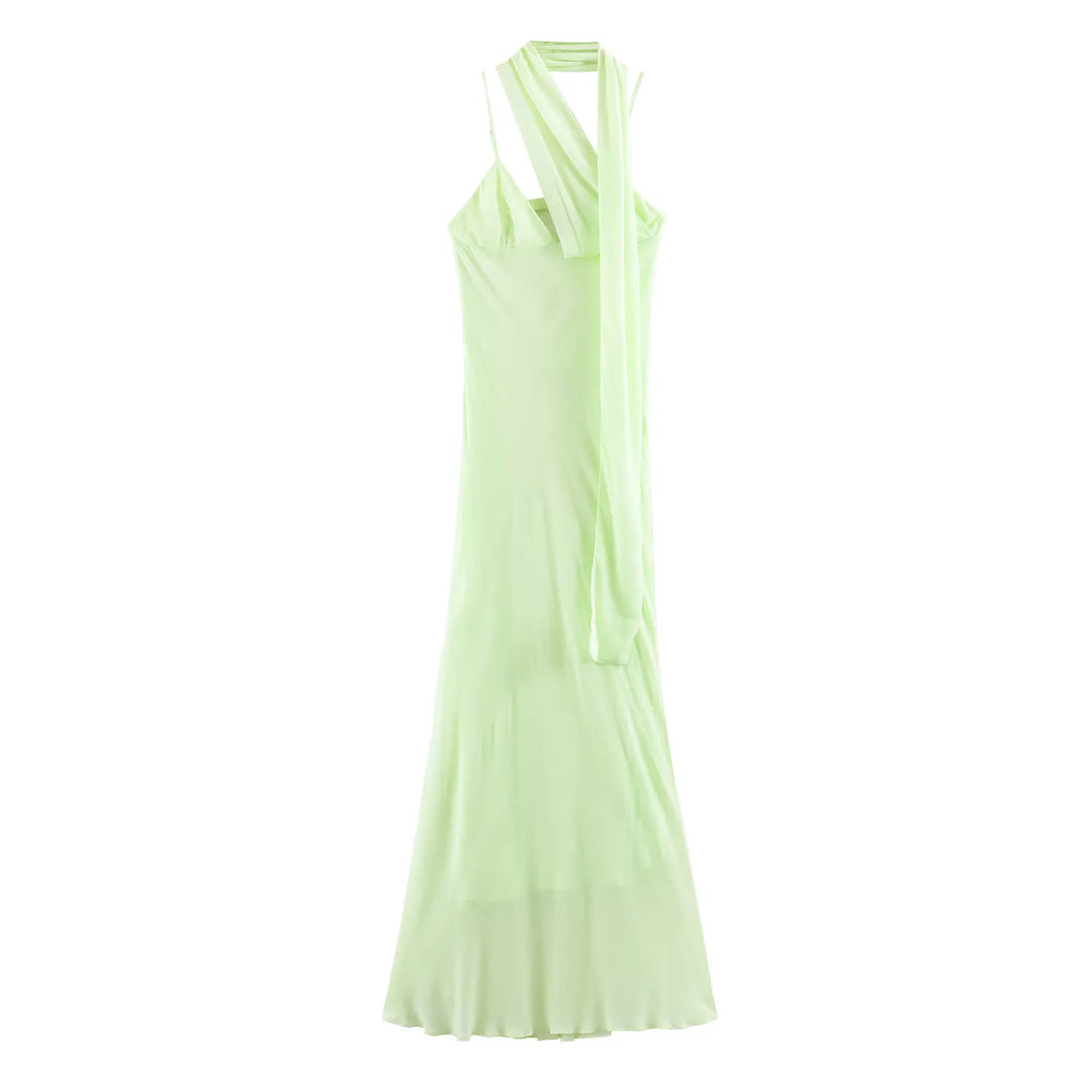 Fashionable Scarf Decorated Summer New Arrival Women's Dress Strapless Gown Polyester Fabric round Neckline Casual Wear