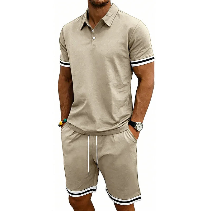 European and American men's summer casual trend thin breathable polo lapel short-sleeved POLO shorts set