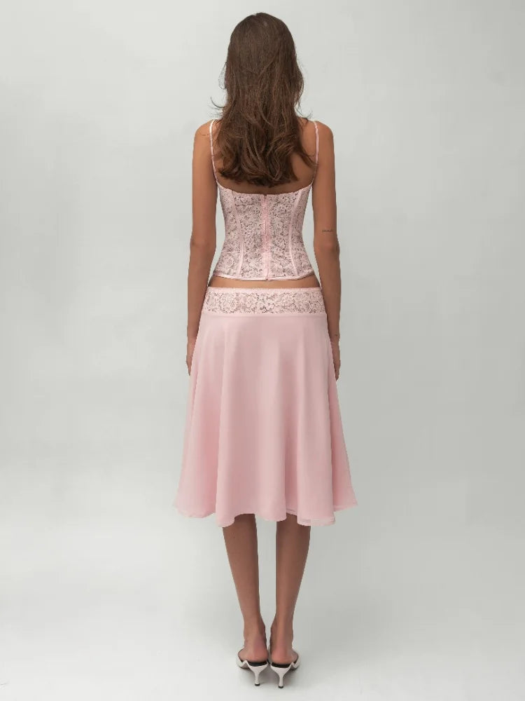 Chic Pink Lace Corset Two-Piece Set Women Sexy Spaghetti Strap Top Flowy Satin Midi Skirt Summer Party Evening Cocktail Outfit