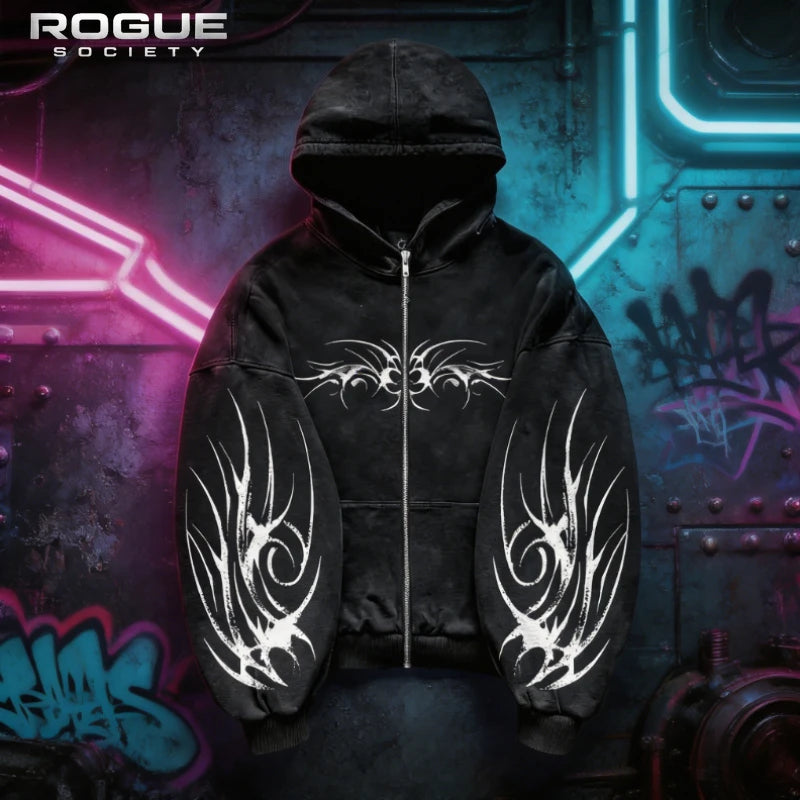 Korean Grunge Tribal Printed Zip Up Hoodie Men Gothic Y2K HipHop Streetwear Washed Harajuku Punk Edgy Darkcore Sweatshirt Unisex