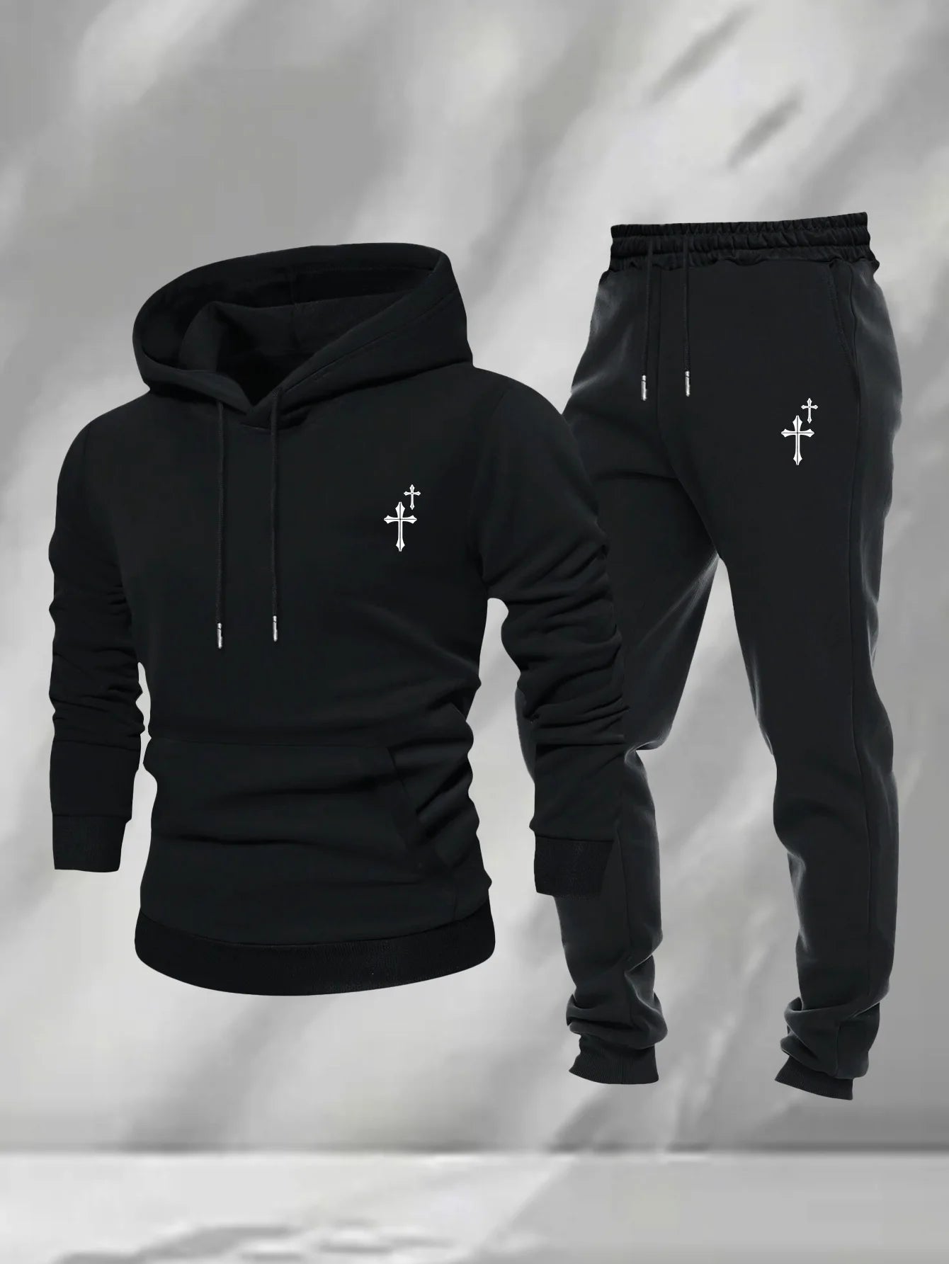 Men 2Pcs Small Cross Embroidery Hoodie Sweatpants Set Polyester Loose Autumn Daily Street Casual Tracksuit For Men