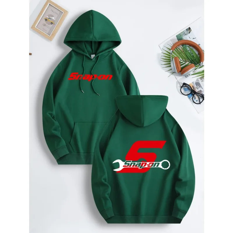 Snap on graphic hoodie with casual regular design, front pocket with slight elasticity and drawstring, suitable for all seasons
