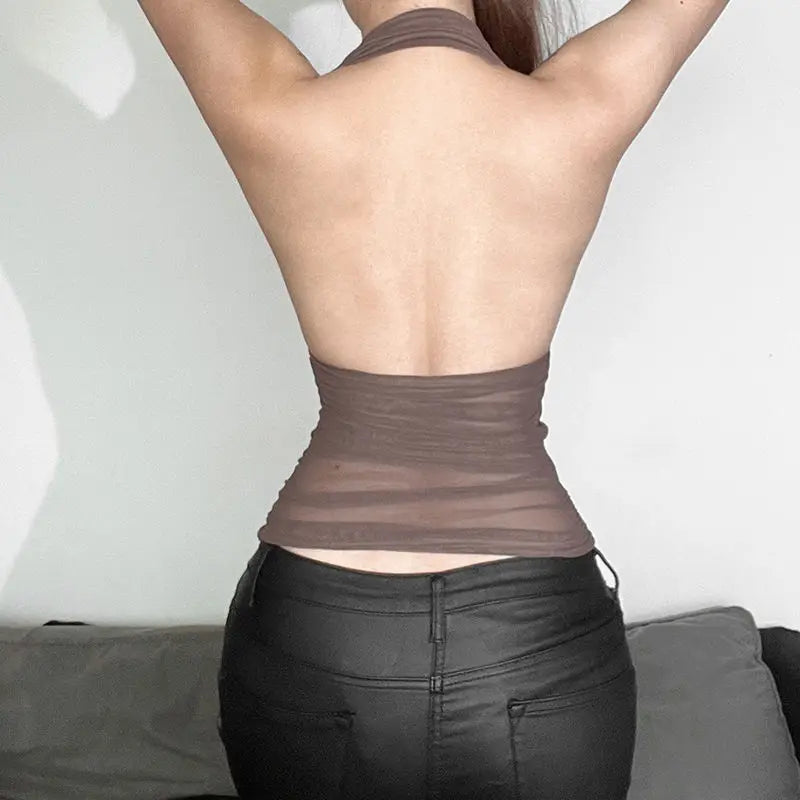 2025 Summer New Women Fashion Sexy Sheer Mesh Backless Deep V Neck Halter Cami Tops Sleeveless Slim Fit Trendy Streetwear