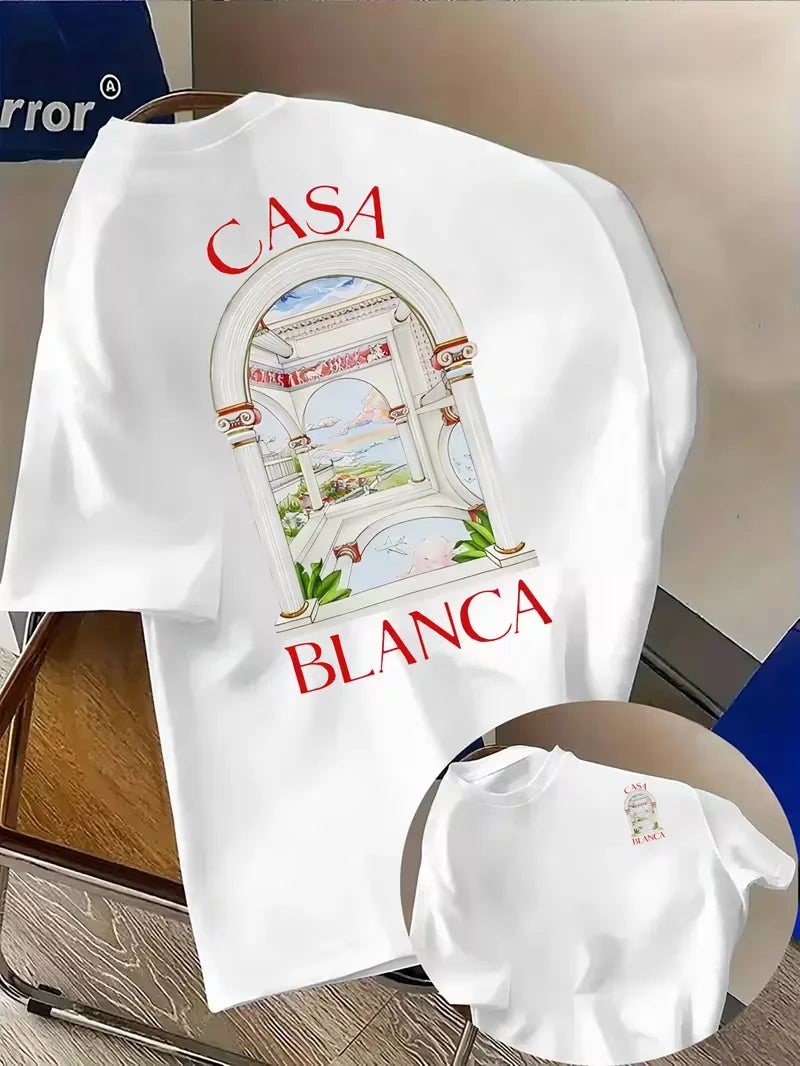 Casablanca Aesthetic Architectural Graphic T-Shirt Casual Short Sleeve Tee Fashion Harajuku Kawaii Women's Y2K Clothing Unisex