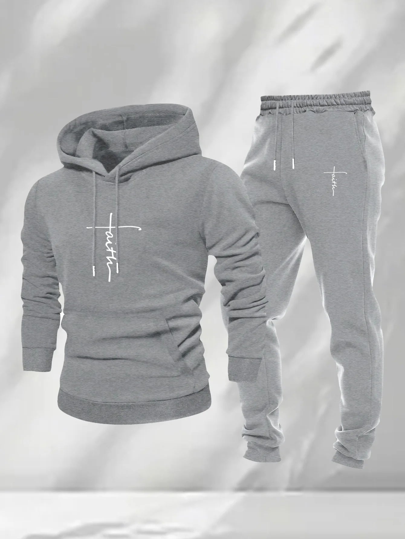 Men 2Pcs Faith Cross Graphic Hoodie Sweatpants Set Polyester Loose Autumn Street Casual Sport Tracksuit Male