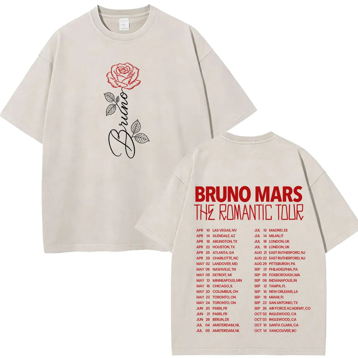 Bruno Mars The Romantic Tour 2026 Print Vintage Washed T-shirt Man Woman Fashion T-shirts Cotton Loose Casual Oversized T-shirts