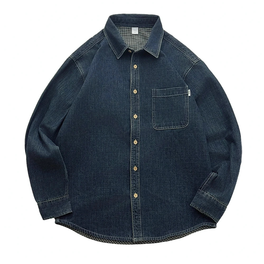 Mens Japanese Vintage High Quality Denim Shirt Heavyweight Washed Blue Oversized Casual Long Sleeve Workwear Streetwear Trendy