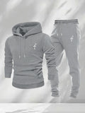 Men 2Pcs Small Cross Embroidery Hoodie Sweatpants Set Polyester Loose Autumn Daily Street Casual Tracksuit For Men