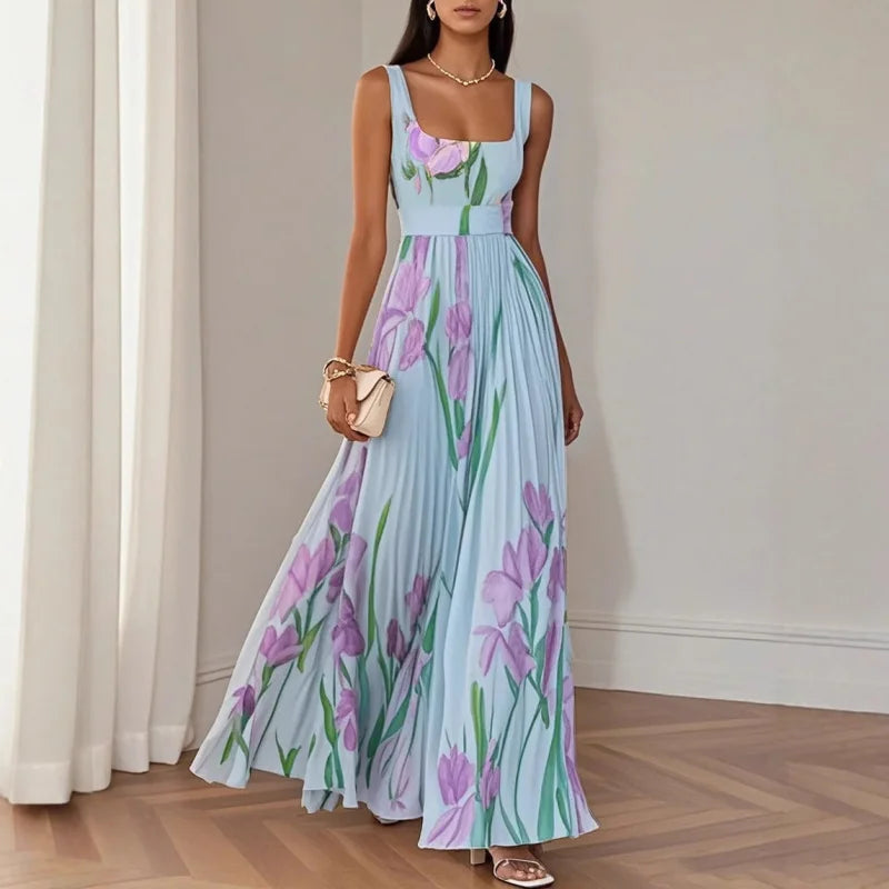 Hot Sale Women High Waist Pleated Maxi Dress Square Neck Sleeveless Floral Digital Print Strap Summer Beach Vacation Long Dresse
