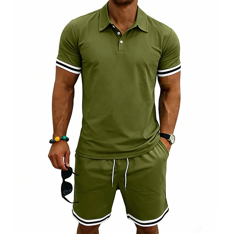 European and American men's summer casual trend thin breathable polo lapel short-sleeved POLO shorts set